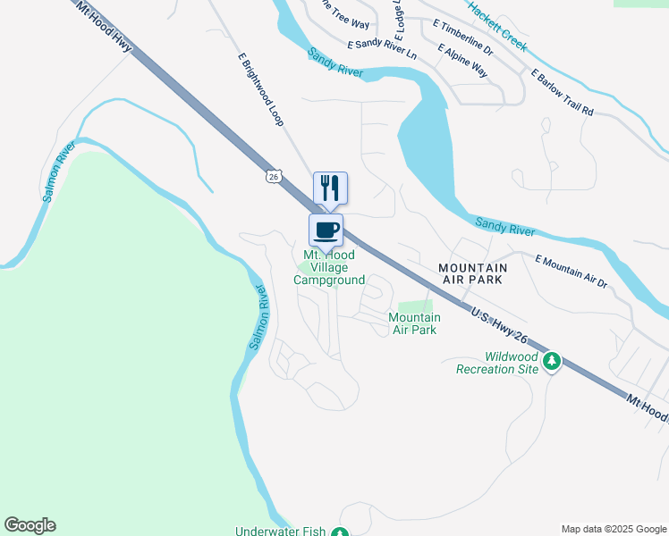 map of restaurants, bars, coffee shops, grocery stores, and more near 65000 U.S. 26 in Mount Hood Village
