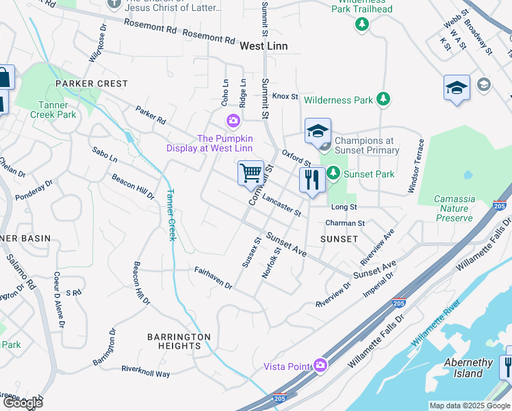 map of restaurants, bars, coffee shops, grocery stores, and more near 4417 Cornwall Street in West Linn