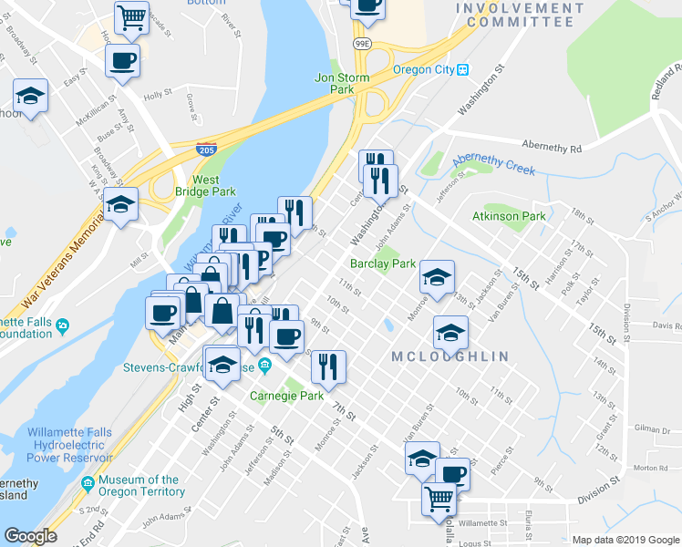 map of restaurants, bars, coffee shops, grocery stores, and more near 603 10th Street in Oregon City