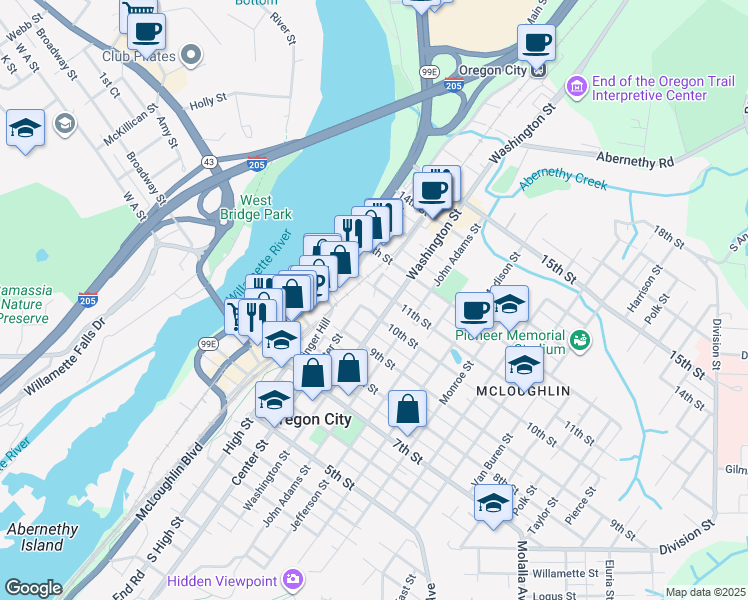 map of restaurants, bars, coffee shops, grocery stores, and more near 603 10th Street in Oregon City
