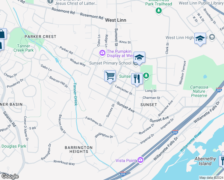 map of restaurants, bars, coffee shops, grocery stores, and more near 4315 Cornwall Street in West Linn