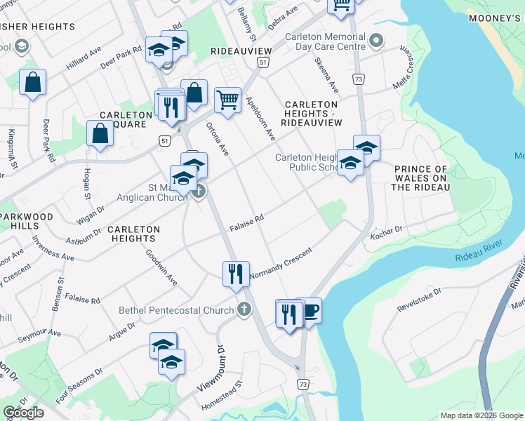 map of restaurants, bars, coffee shops, grocery stores, and more near 1057 Falaise Road in Ottawa