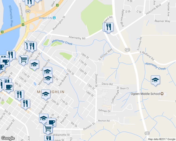 map of restaurants, bars, coffee shops, grocery stores, and more near 1615 Taylor Street in Oregon City