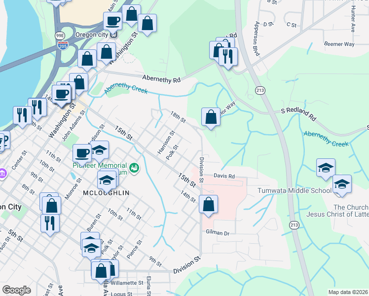 map of restaurants, bars, coffee shops, grocery stores, and more near 1615 Taylor Street in Oregon City