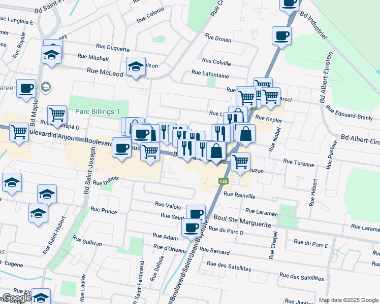 map of restaurants, bars, coffee shops, grocery stores, and more near 288 Boulevard D'Anjou in Châteauguay