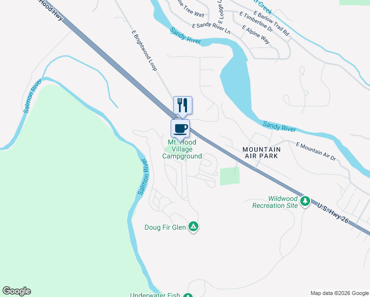 map of restaurants, bars, coffee shops, grocery stores, and more near 65000 U.S. 26 in Mount Hood Village