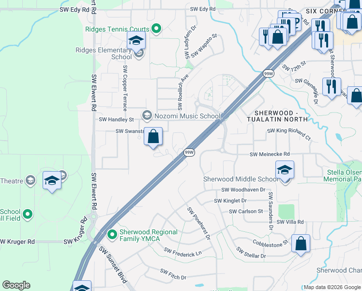 map of restaurants, bars, coffee shops, grocery stores, and more near 17816 Southwest Handley Street in Sherwood