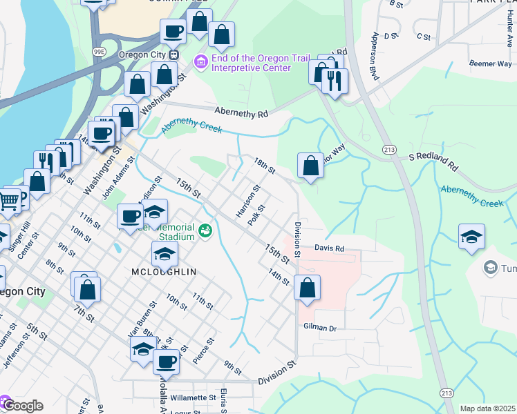 map of restaurants, bars, coffee shops, grocery stores, and more near 1618 Harrison Street in Oregon City