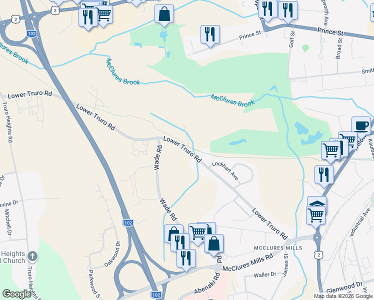 map of restaurants, bars, coffee shops, grocery stores, and more near Lower Truro Road in Truro
