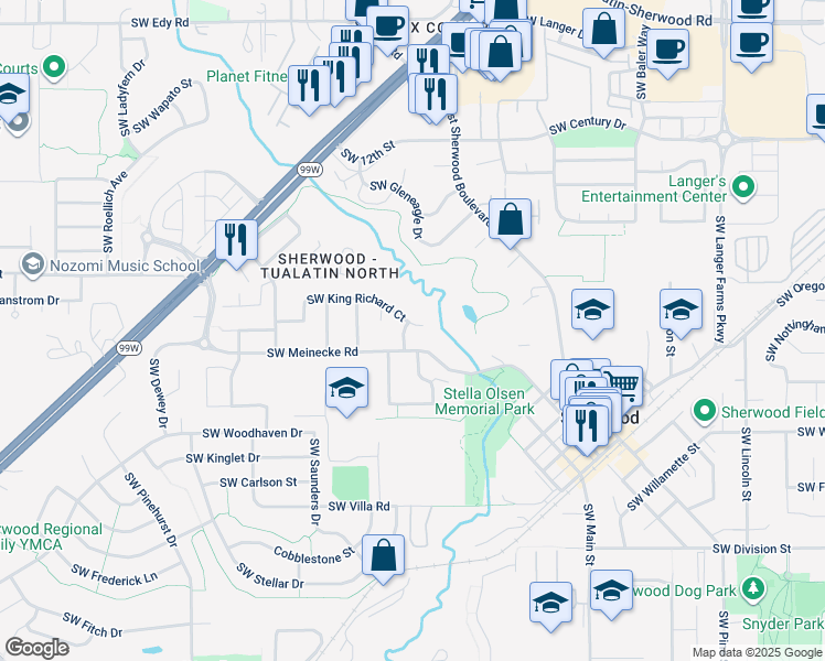 map of restaurants, bars, coffee shops, grocery stores, and more near 22146 Southwest Little John Terrace in Sherwood
