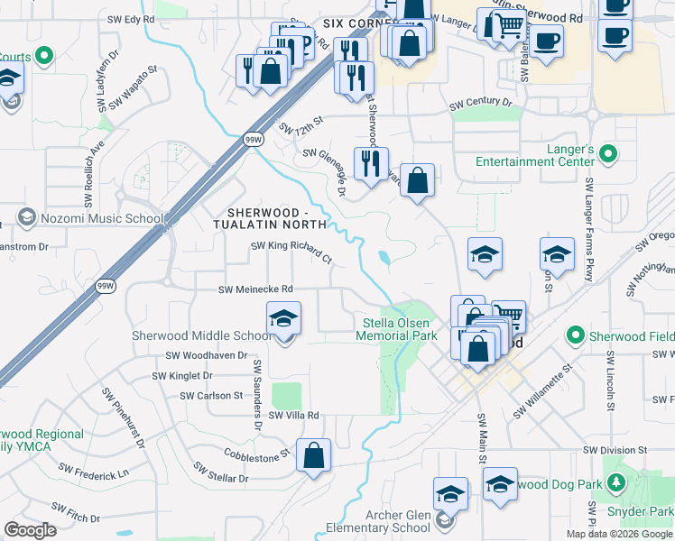 map of restaurants, bars, coffee shops, grocery stores, and more near 22146 Southwest Little John Terrace in Sherwood