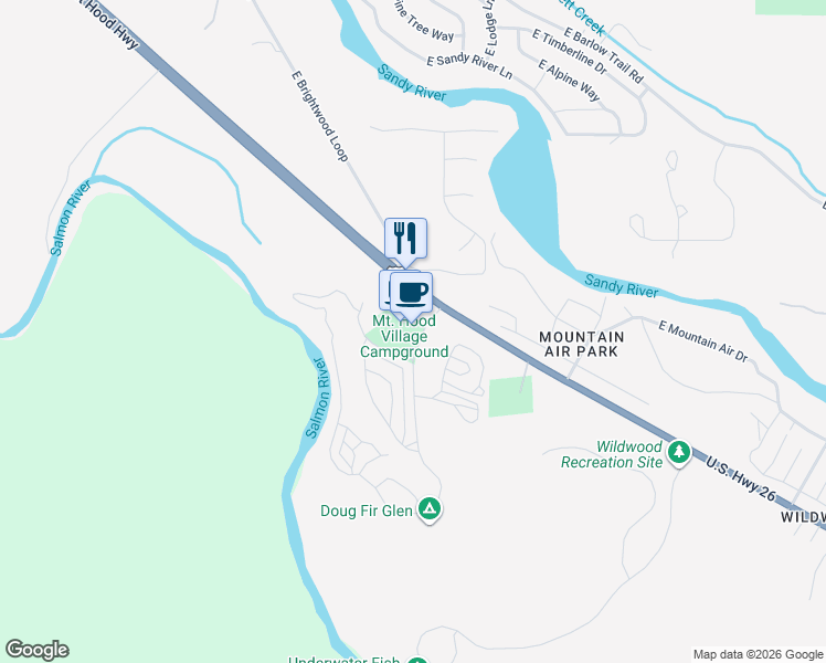 map of restaurants, bars, coffee shops, grocery stores, and more near 65000 U.S. 26 in Mount Hood Village