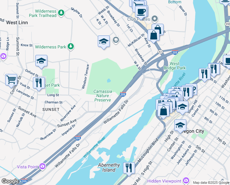 map of restaurants, bars, coffee shops, grocery stores, and more near 4805 Chestnut Street in West Linn
