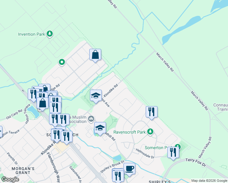 map of restaurants, bars, coffee shops, grocery stores, and more near 974 Klondike Road in Ottawa