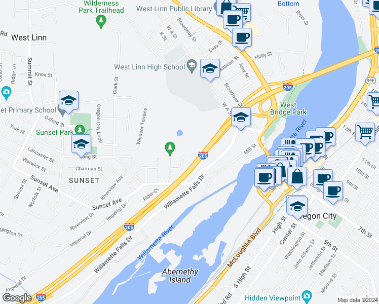 map of restaurants, bars, coffee shops, grocery stores, and more near 4805 Chestnut Street in West Linn