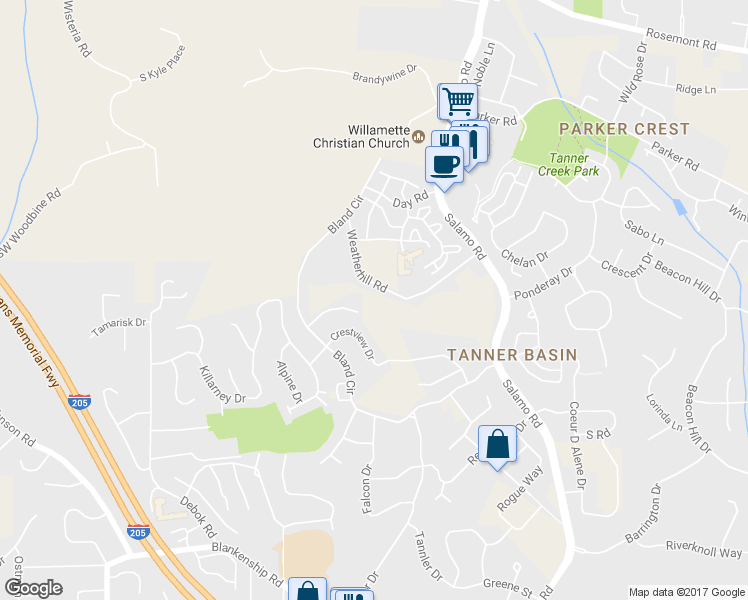 map of restaurants, bars, coffee shops, grocery stores, and more near 2100 Satter Street in West Linn