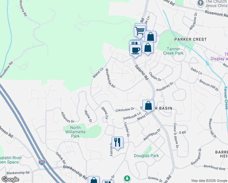 map of restaurants, bars, coffee shops, grocery stores, and more near 2100 Satter Street in West Linn