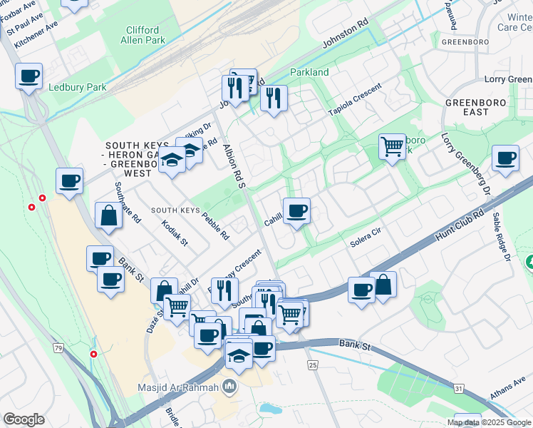 map of restaurants, bars, coffee shops, grocery stores, and more near 412 Sandhamn Private in Ottawa