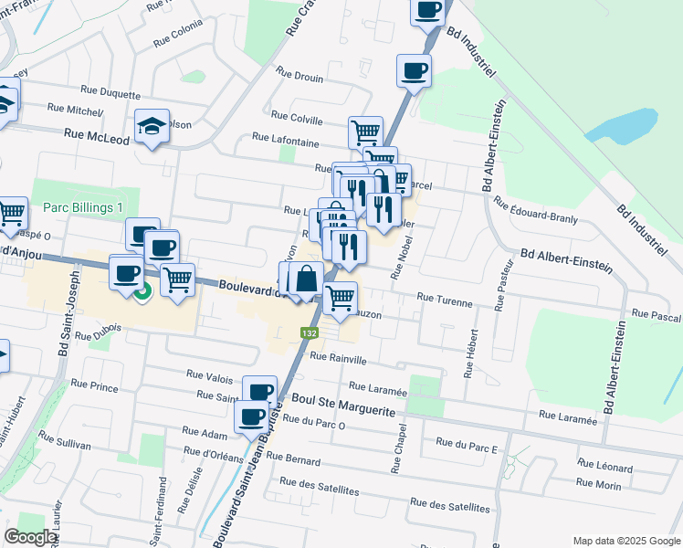 map of restaurants, bars, coffee shops, grocery stores, and more near 102 Boulevard Saint-Jean-Baptiste in Châteauguay