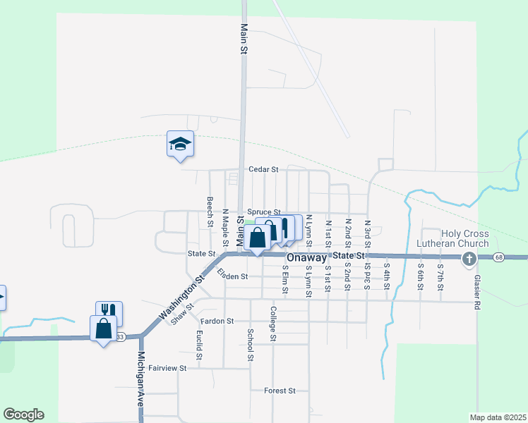 map of restaurants, bars, coffee shops, grocery stores, and more near 3598 North Veterans Drive in Onaway