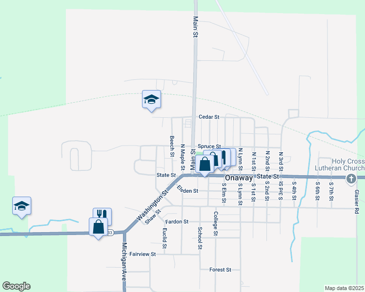 map of restaurants, bars, coffee shops, grocery stores, and more near North Maple Street in Onaway