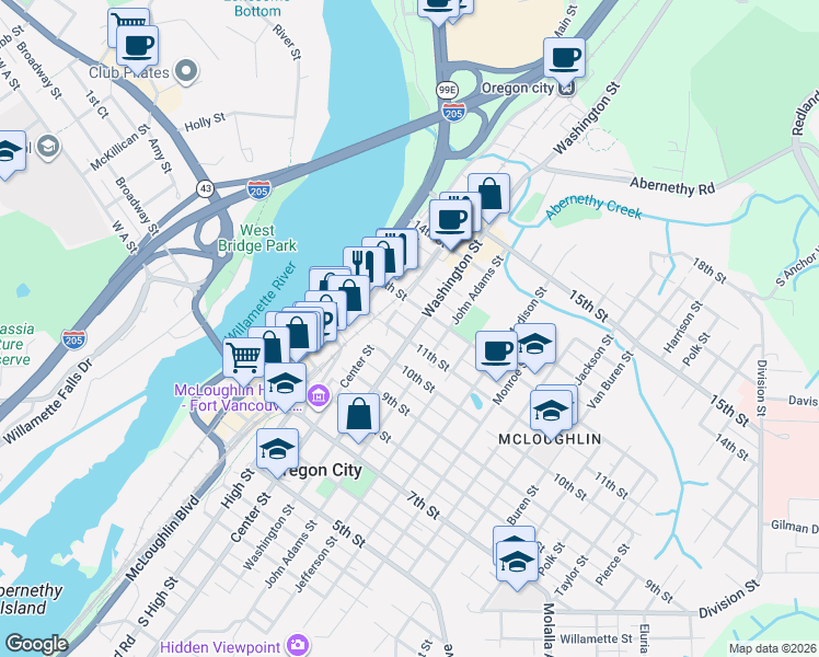 map of restaurants, bars, coffee shops, grocery stores, and more near 1105 Washington Street in Oregon City
