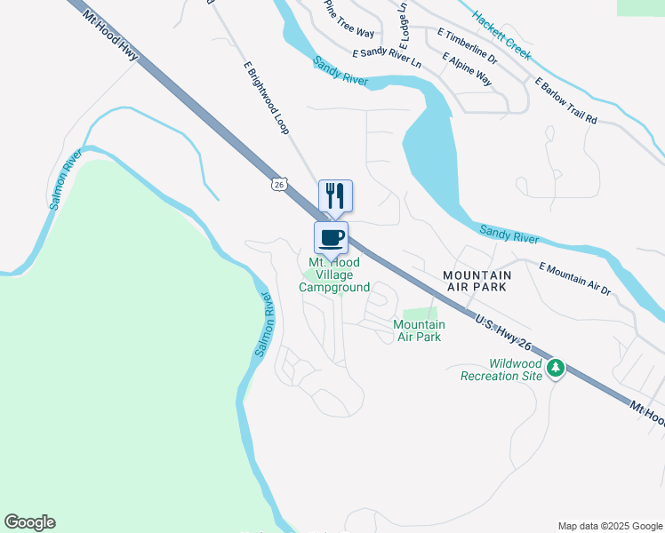 map of restaurants, bars, coffee shops, grocery stores, and more near 65000 U.S. 26 in Mount Hood Village