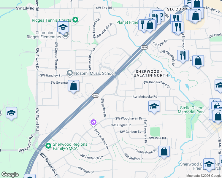 map of restaurants, bars, coffee shops, grocery stores, and more near 17525 Southwest Parkway Court in Sherwood