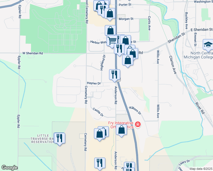 map of restaurants, bars, coffee shops, grocery stores, and more near 700-792 Hayner Drive in Petoskey