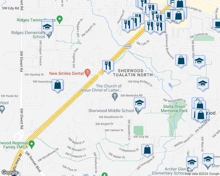 map of restaurants, bars, coffee shops, grocery stores, and more near 17293 Southwest Noble Fir Court in Sherwood