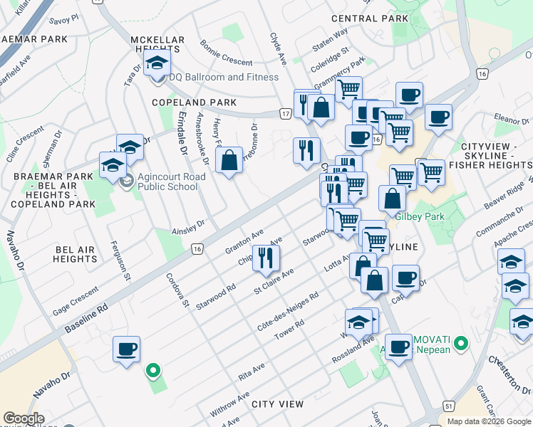 map of restaurants, bars, coffee shops, grocery stores, and more near 1530 Baseline Road in Ottawa