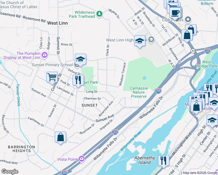 map of restaurants, bars, coffee shops, grocery stores, and more near 5481 Windsor Terrace in West Linn