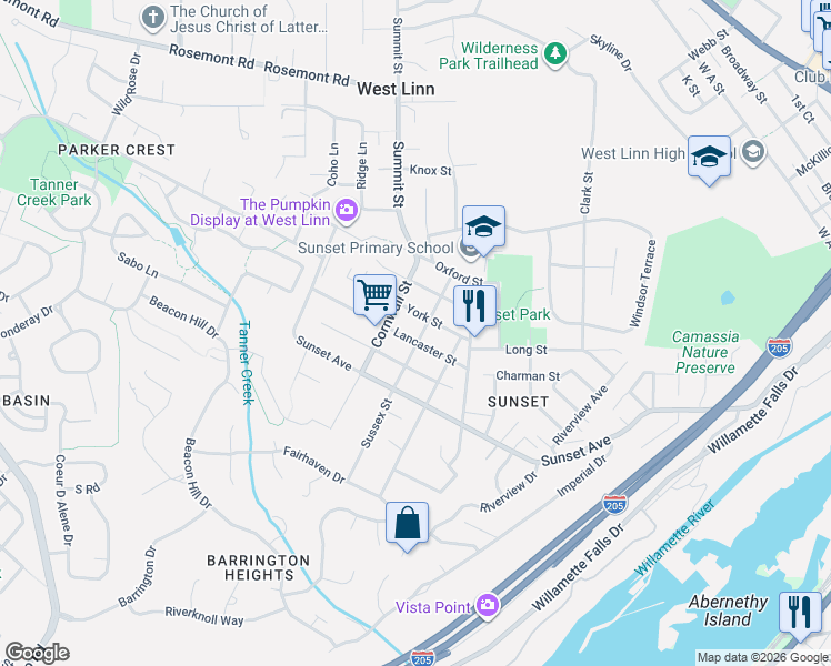 map of restaurants, bars, coffee shops, grocery stores, and more near 2640 York Street in West Linn