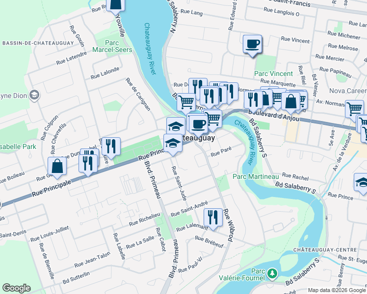 map of restaurants, bars, coffee shops, grocery stores, and more near 65 Rue Principale in Châteauguay