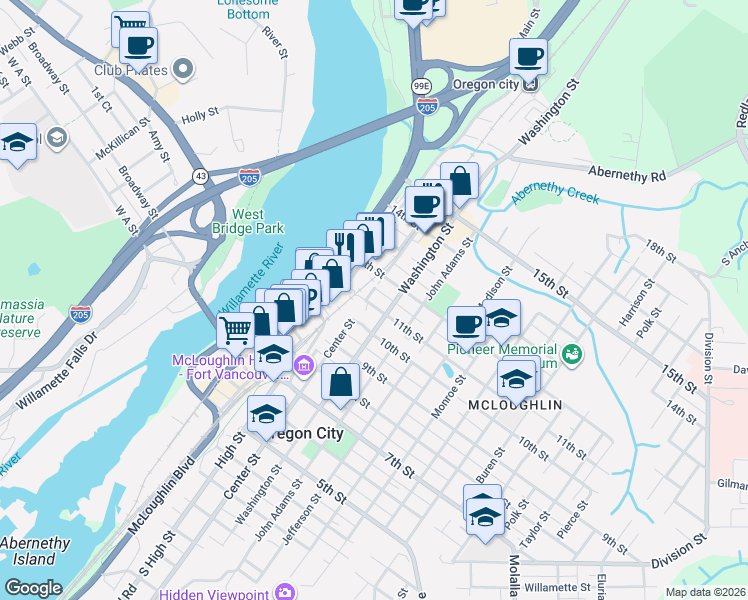 map of restaurants, bars, coffee shops, grocery stores, and more near 1102 Center Street in Oregon City