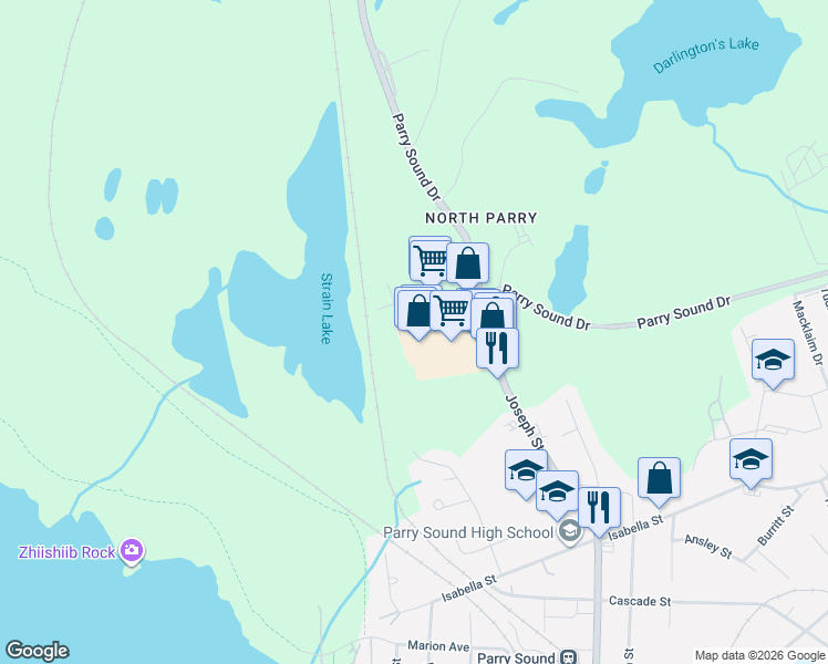 map of restaurants, bars, coffee shops, grocery stores, and more near 10 Mall Drive in Parry Sound
