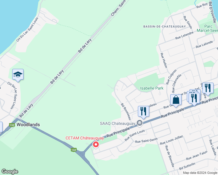 map of restaurants, bars, coffee shops, grocery stores, and more near 174 Boulevard Rousseau in Châteauguay