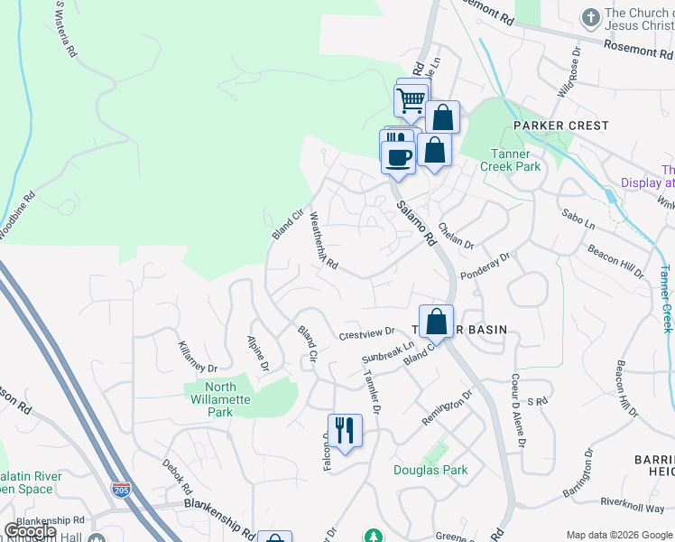 map of restaurants, bars, coffee shops, grocery stores, and more near 2100 Satter Street in West Linn