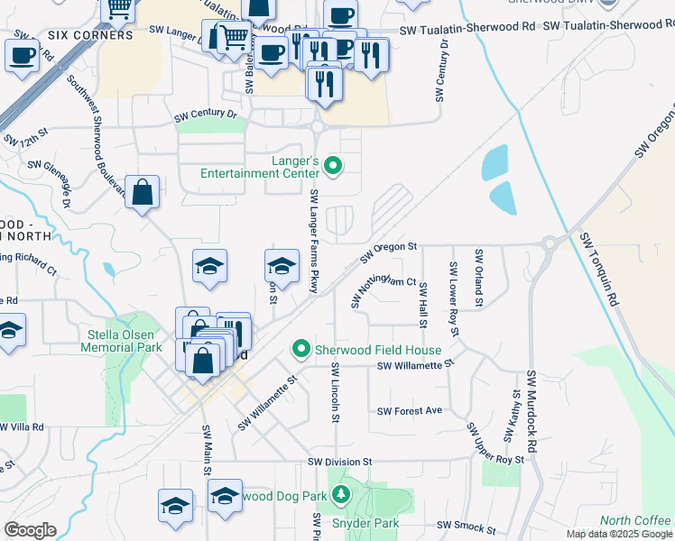map of restaurants, bars, coffee shops, grocery stores, and more near 22100 Southwest Langer Farms Parkway in Sherwood
