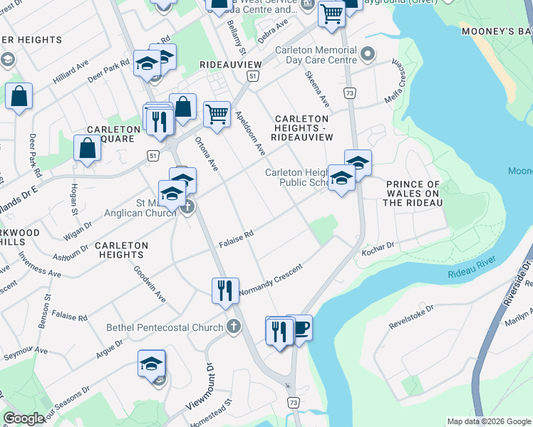 map of restaurants, bars, coffee shops, grocery stores, and more near 1642 Valmarie Avenue in Ottawa