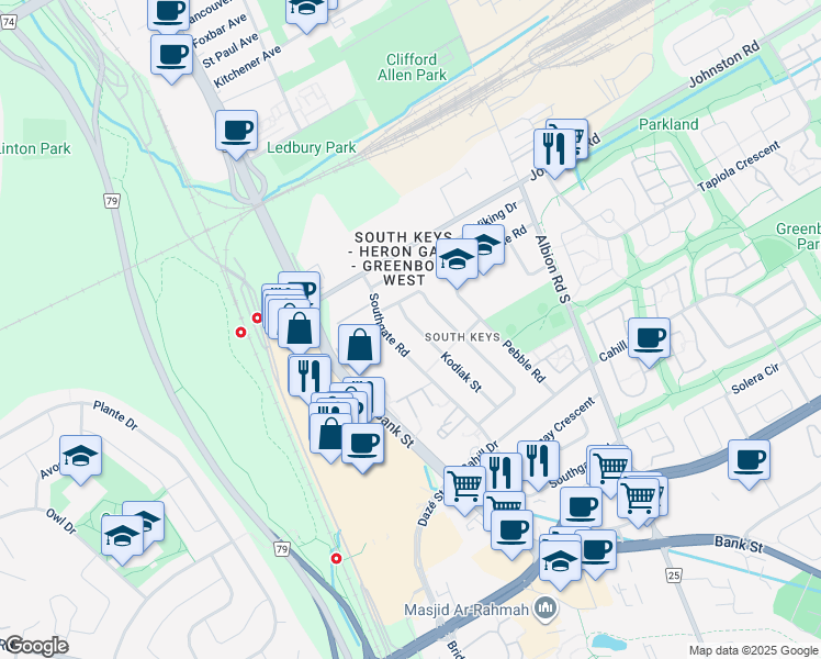 map of restaurants, bars, coffee shops, grocery stores, and more near 3274 Kodiak Street in Ottawa