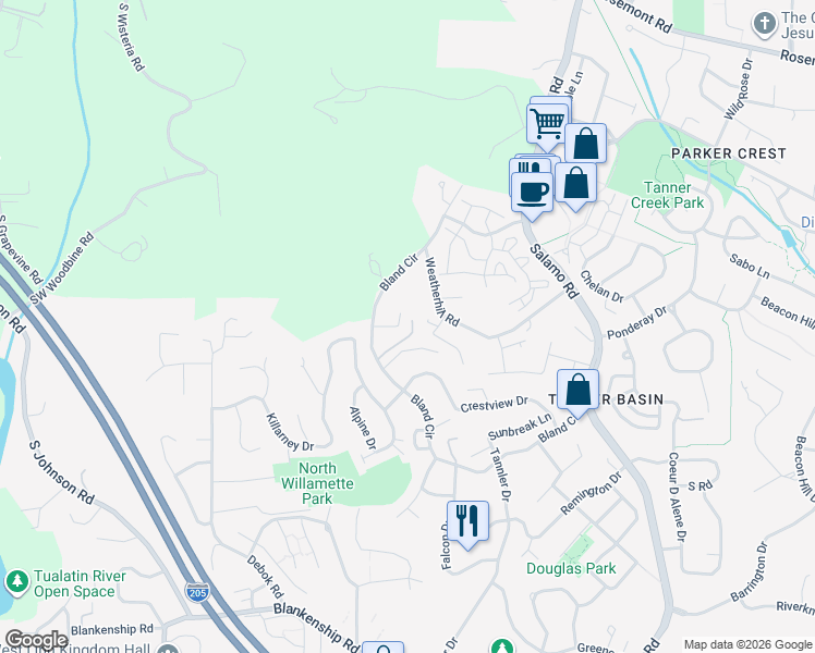 map of restaurants, bars, coffee shops, grocery stores, and more near 2134 Eleanor Road in West Linn