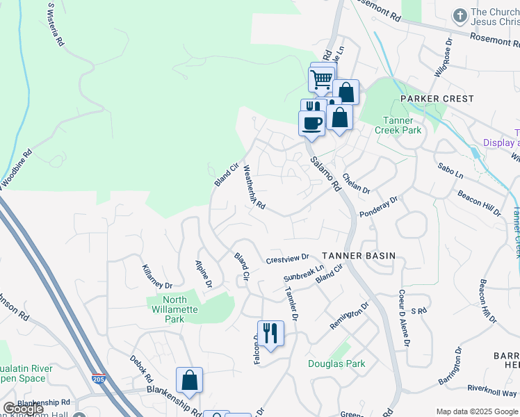 map of restaurants, bars, coffee shops, grocery stores, and more near 2100 Satter Street in West Linn
