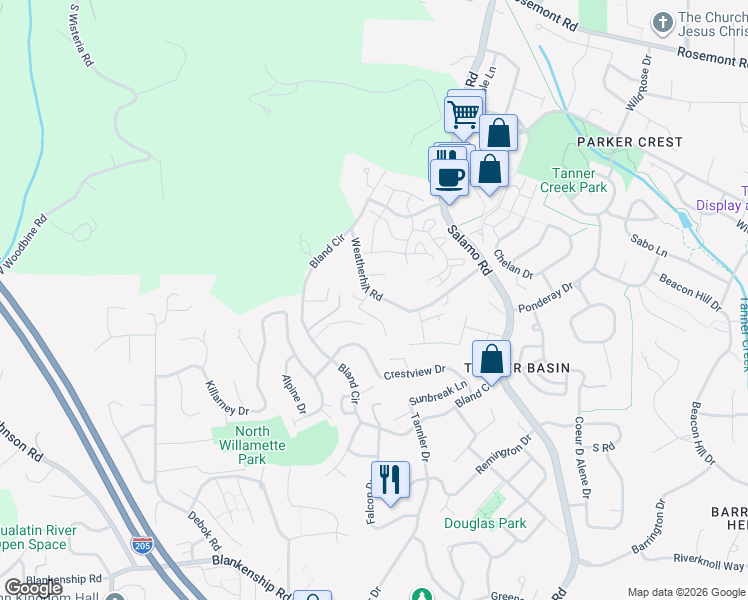 map of restaurants, bars, coffee shops, grocery stores, and more near 2100 Satter Street in West Linn