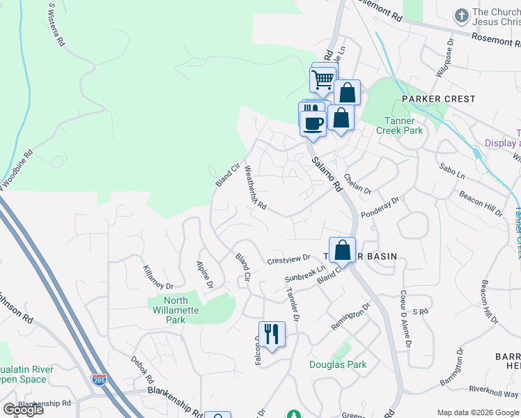 map of restaurants, bars, coffee shops, grocery stores, and more near 2100 Satter Street in West Linn