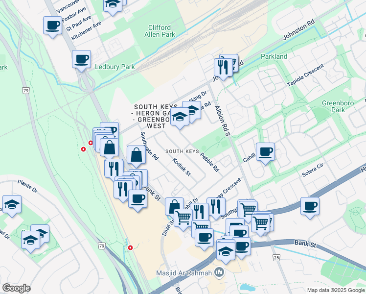 map of restaurants, bars, coffee shops, grocery stores, and more near in Ottawa