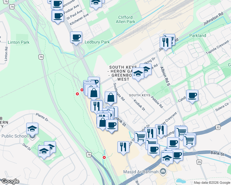 map of restaurants, bars, coffee shops, grocery stores, and more near 3255 Southgate Road in Ottawa