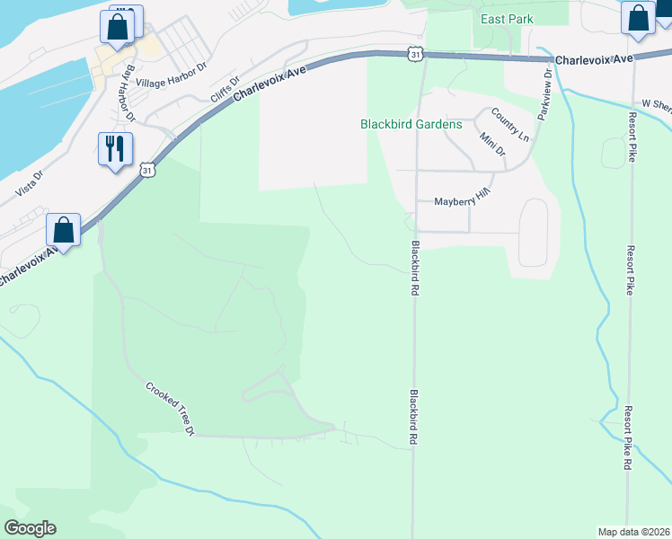 map of restaurants, bars, coffee shops, grocery stores, and more near 3245 Vineyard Court in Petoskey