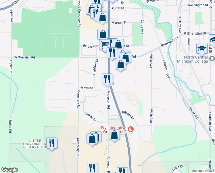 map of restaurants, bars, coffee shops, grocery stores, and more near 700 Hayner Drive in Petoskey