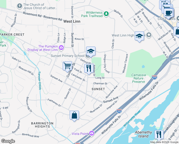 map of restaurants, bars, coffee shops, grocery stores, and more near 4667 Exeter Street in West Linn